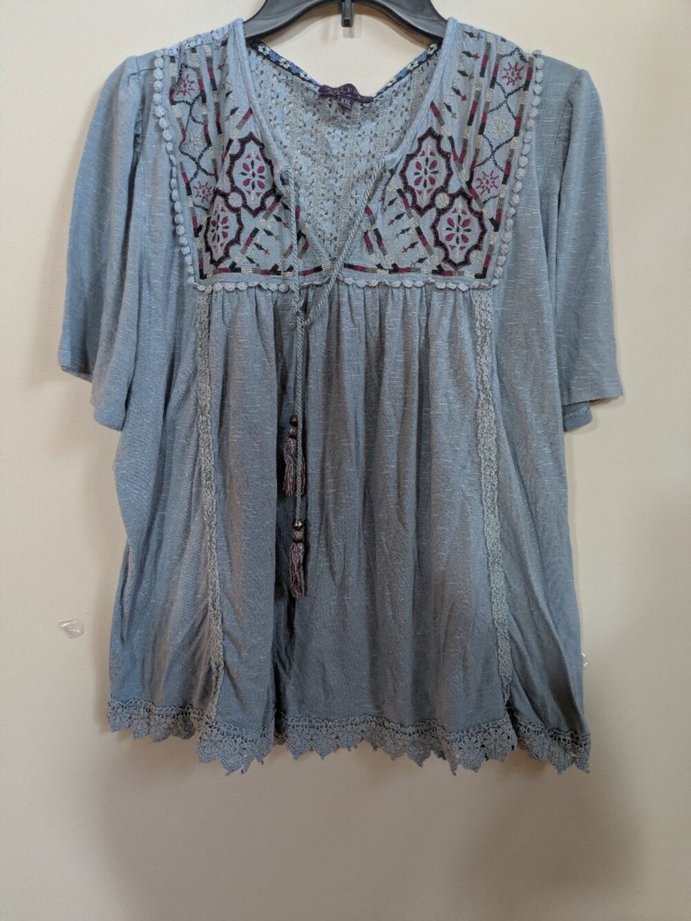 Artesia Embroidered Peasant Top Womens XXL Blue Boho Tassel Rayon Top #335